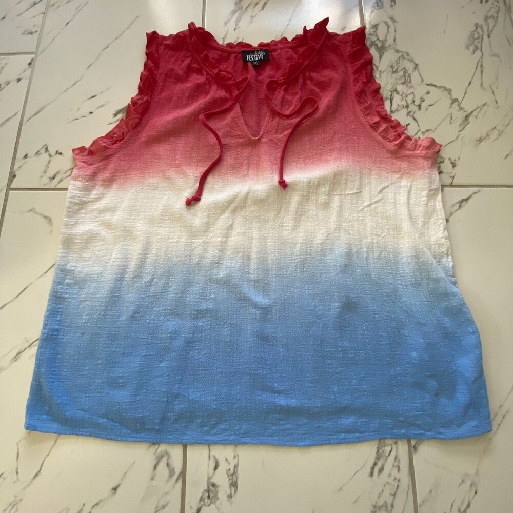 Feeling Festive Top Women XXL Red White Blue Ombre Sleeveless Blouse
